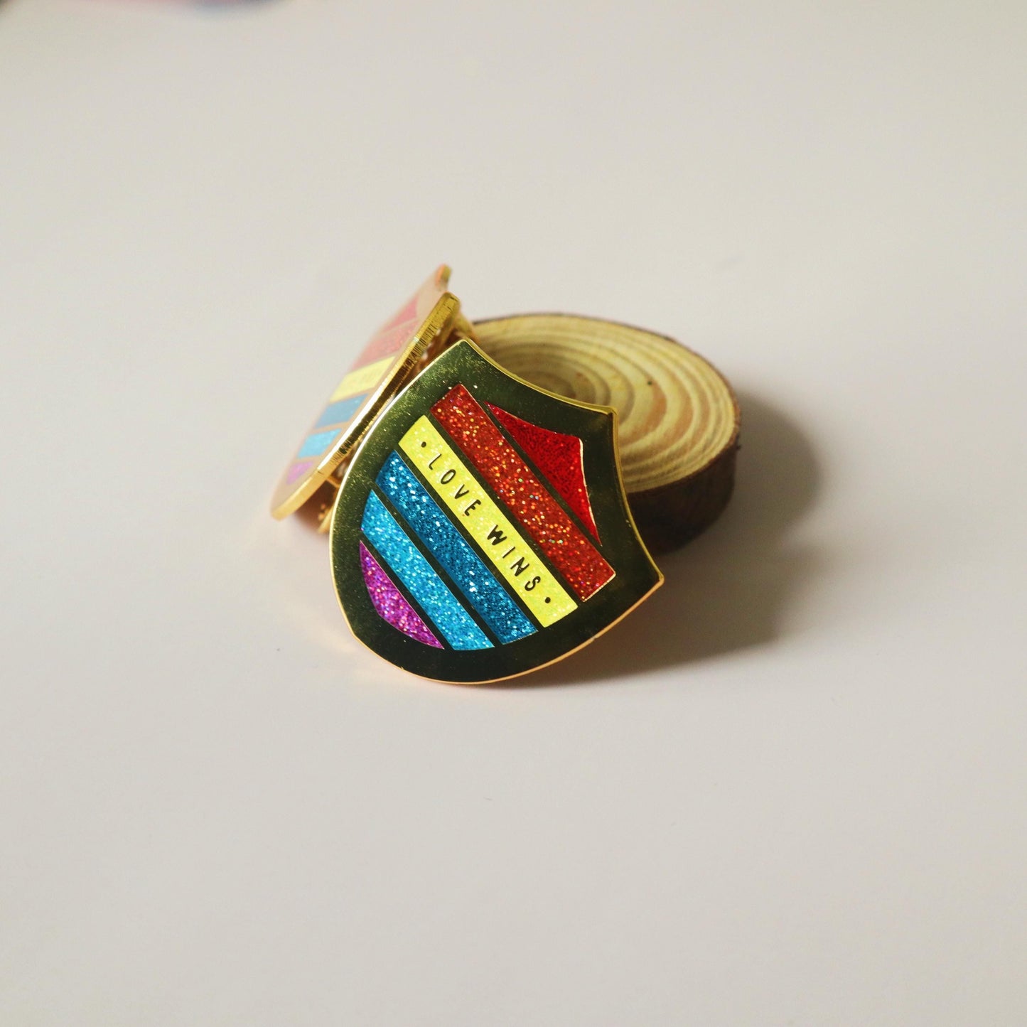 Love Wins Enamel Pin - LGBT Queer Flag Shield