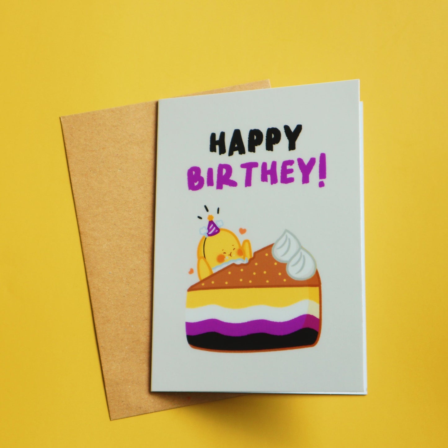 Non-Binary Happy Bir-they Card-Enby Flag Bennie -Cute Queer LGBT Birthday Card