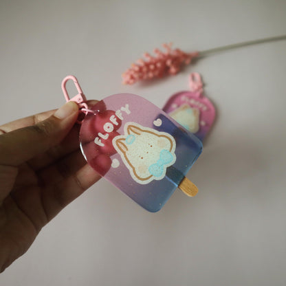 Transgender Flag Glitter Keychain - Subtle LGBT Trans Mascot - Kawaii Sparkle Ice Cream White Bunny Floffy