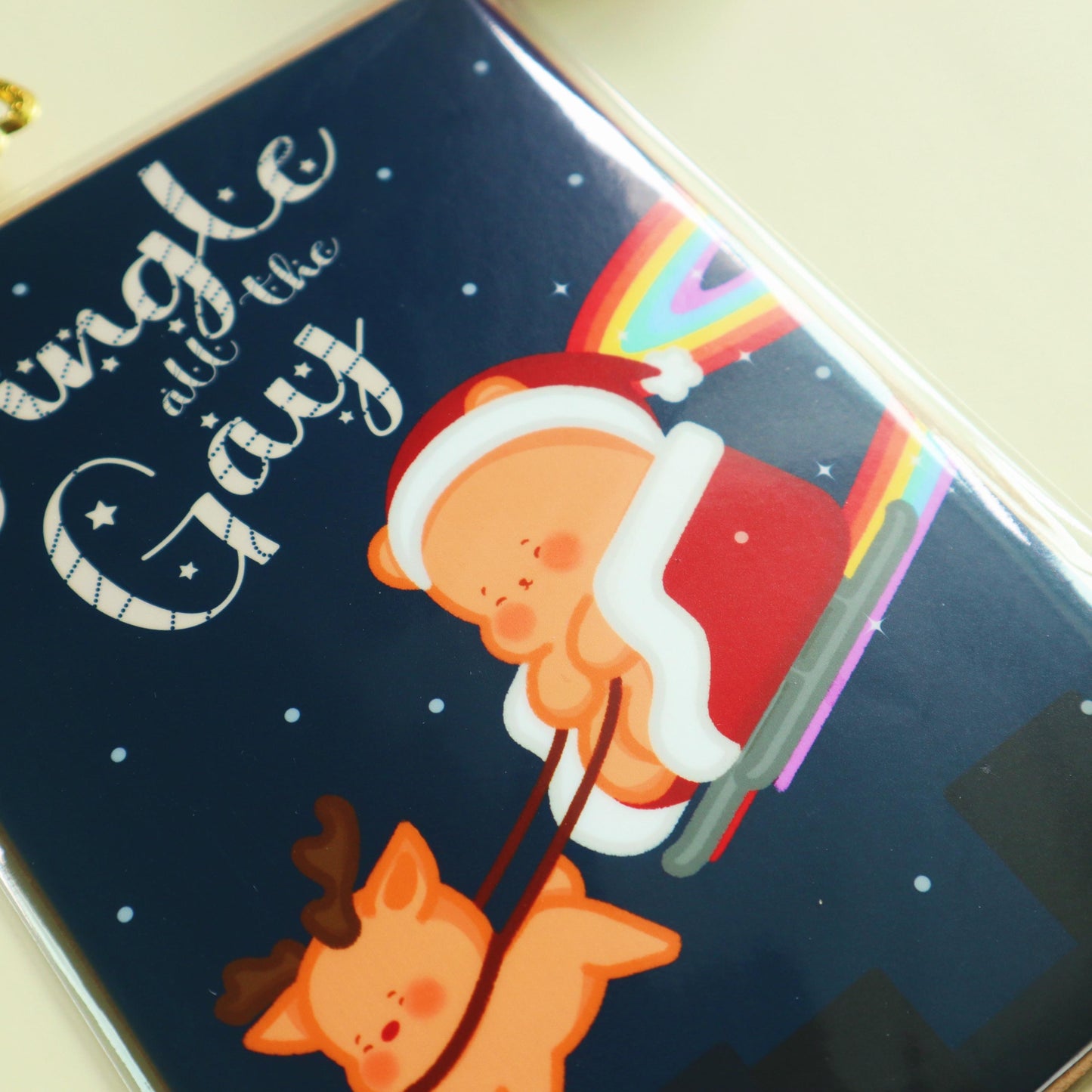 Jingle All The Gay Christmas Card-Rainbow Pride Flag Candi on Sleigh-Cute Queer Greeting Card