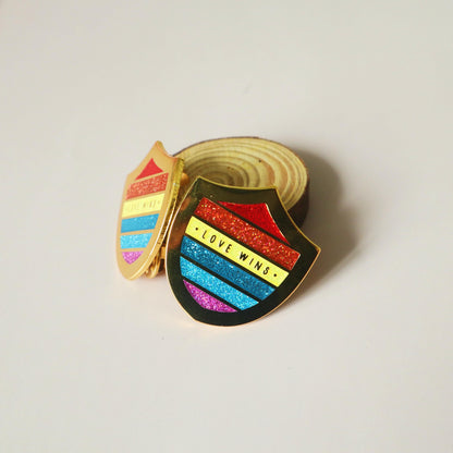 Love Wins Enamel Pin - LGBT Queer Flag Shield
