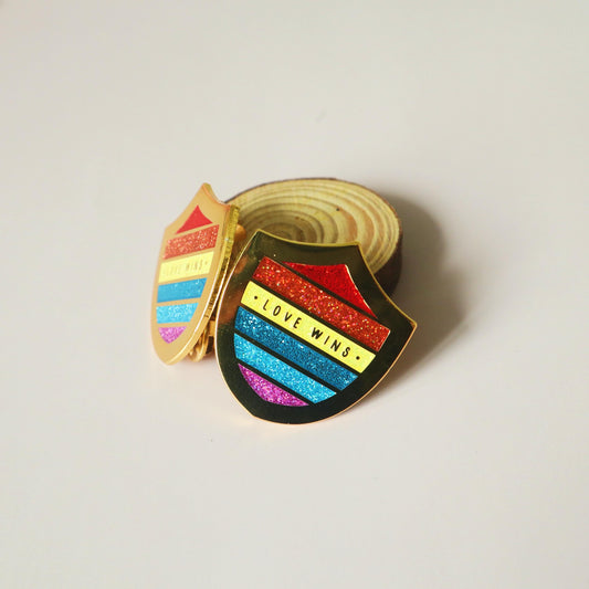 Love Wins Enamel Pin - LGBT Queer Flag Shield