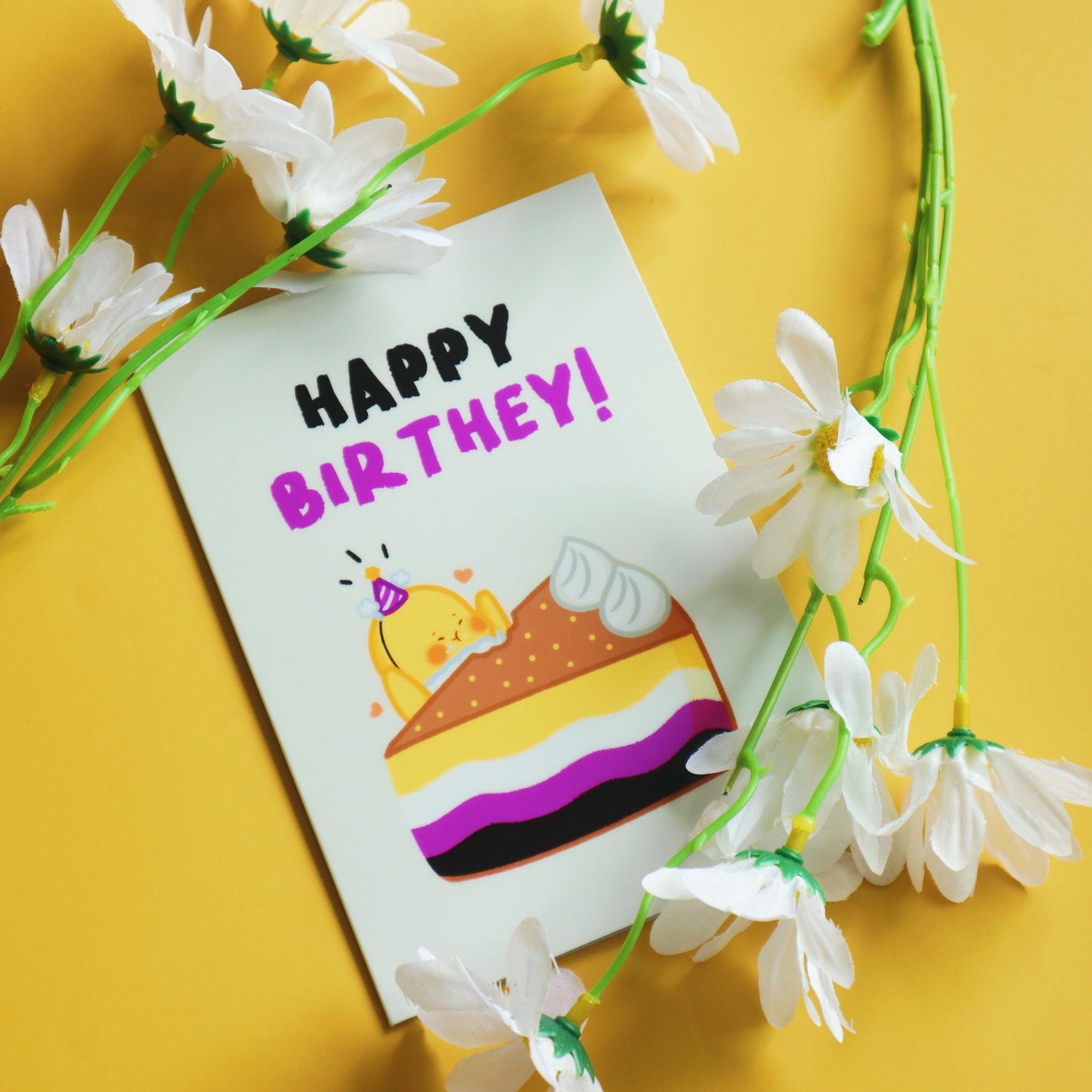 Non-Binary Happy Bir-they Card-Enby Flag Bennie -Cute Queer LGBT Birthday Card