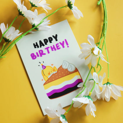 Non-Binary Happy Bir-they Card-Enby Flag Bennie -Cute Queer LGBT Birthday Card
