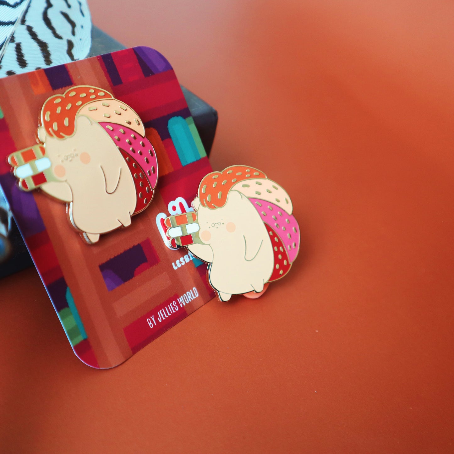 Lesbian Flag Enamel Pin - Subtle LGBT WLW Mascot - Kawaii Red Hedgehog Librarian Lily - Jellie's World-