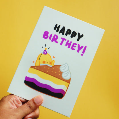 Non-Binary Happy Bir-they Card-Enby Flag Bennie -Cute Queer LGBT Birthday Card