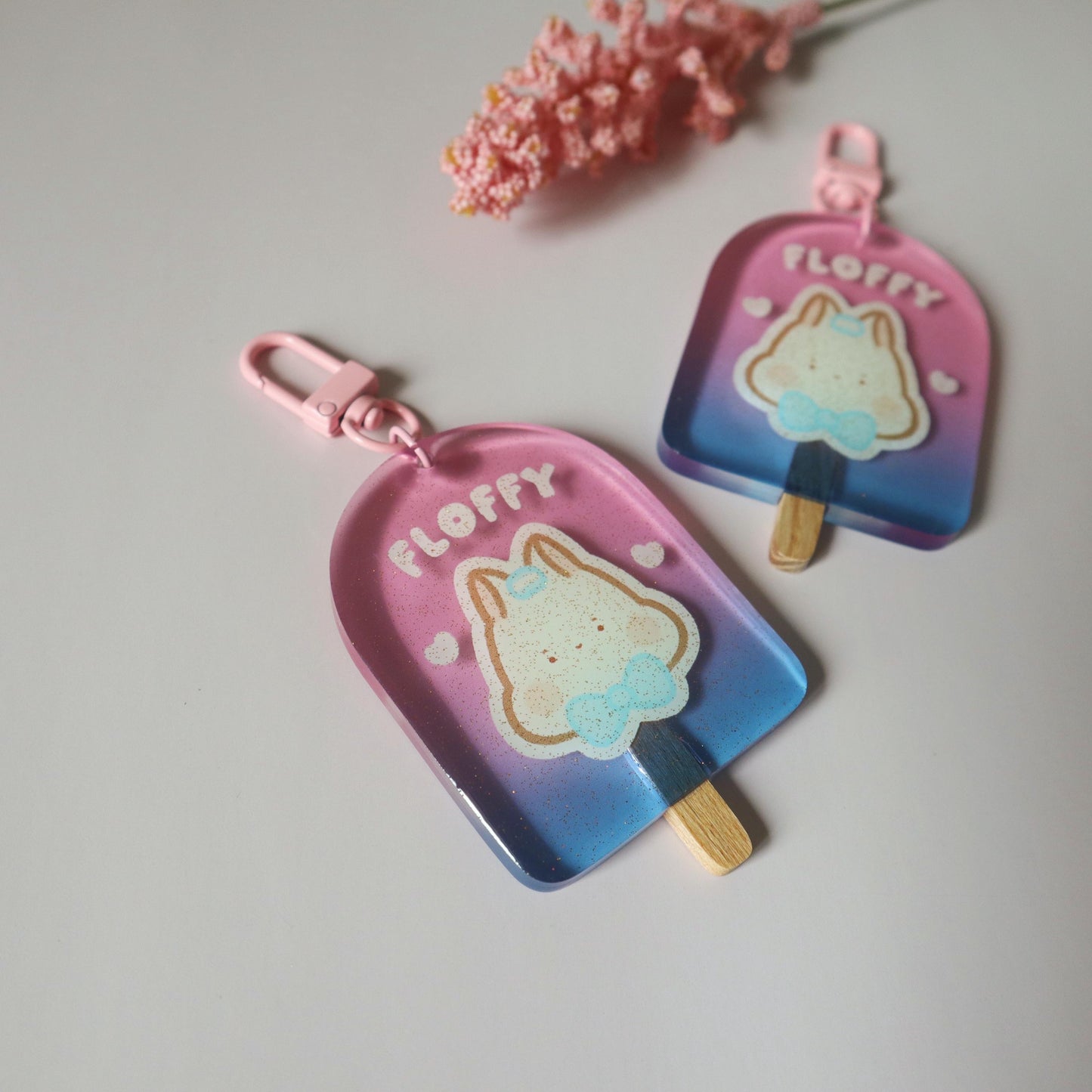 Transgender Flag Glitter Keychain - Subtle LGBT Trans Mascot - Kawaii Sparkle Ice Cream White Bunny Floffy