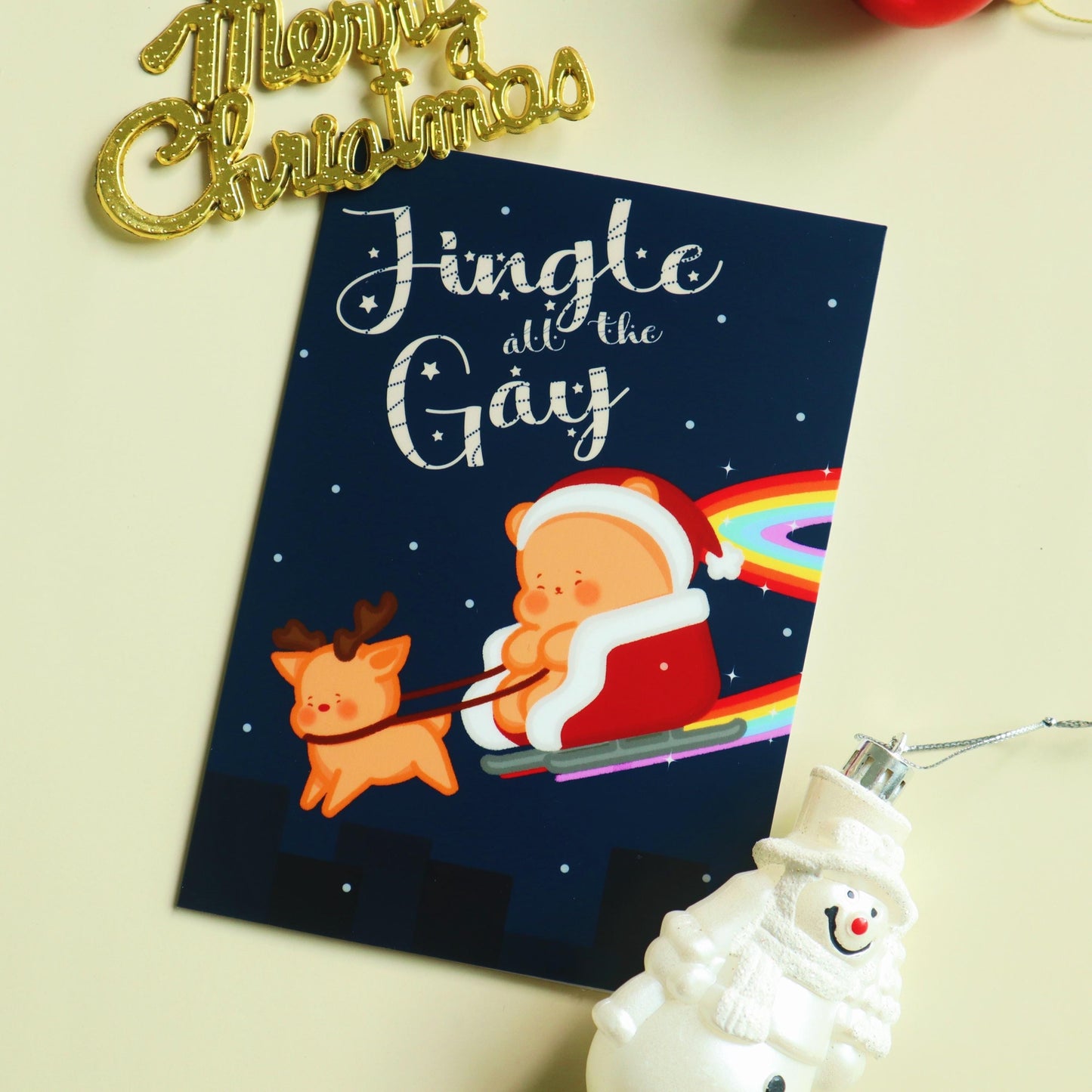 Jingle All The Gay Christmas Card-Rainbow Pride Flag Candi on Sleigh-Cute Queer Greeting Card