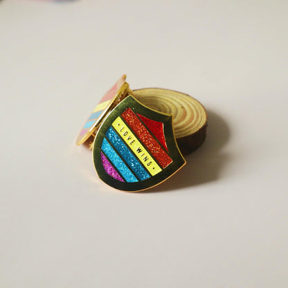 Love Wins Enamel Pin - LGBT Queer Flag Shield
