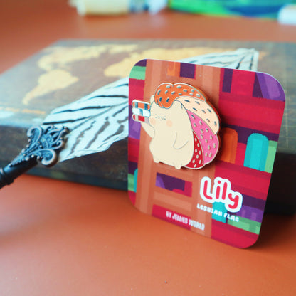 Lesbian Flag Enamel Pin - Subtle LGBT WLW Mascot - Kawaii Red Hedgehog Librarian Lily - Jellie's World-