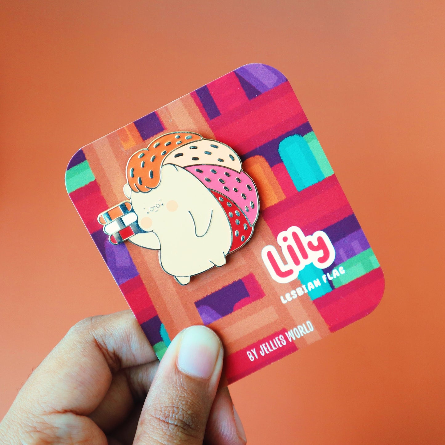 Lesbian Flag Enamel Pin - Subtle LGBT WLW Mascot - Kawaii Red Hedgehog Librarian Lily - Jellie's World-