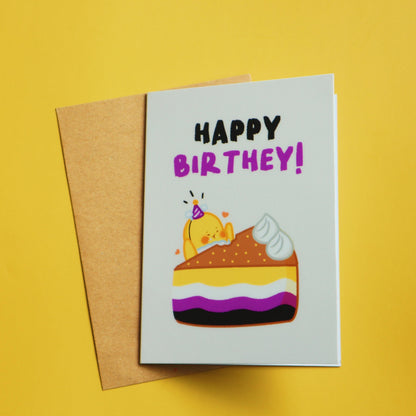 Non-Binary Happy Bir-they Card-Enby Flag Bennie -Cute Queer LGBT Birthday Card